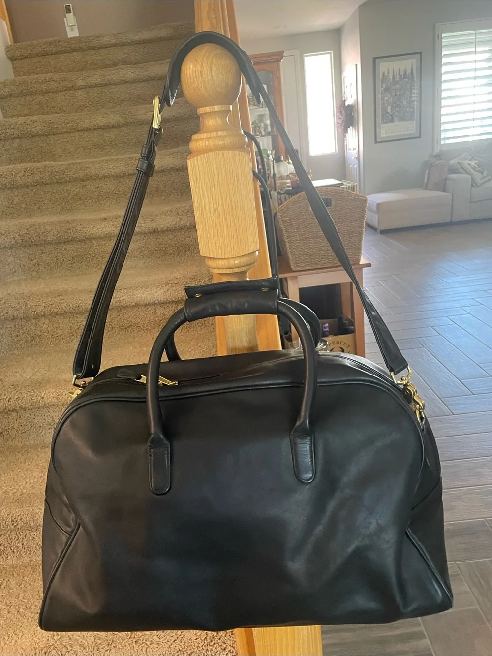 Coach Black Leather Duffel Bag with Gold Hardware